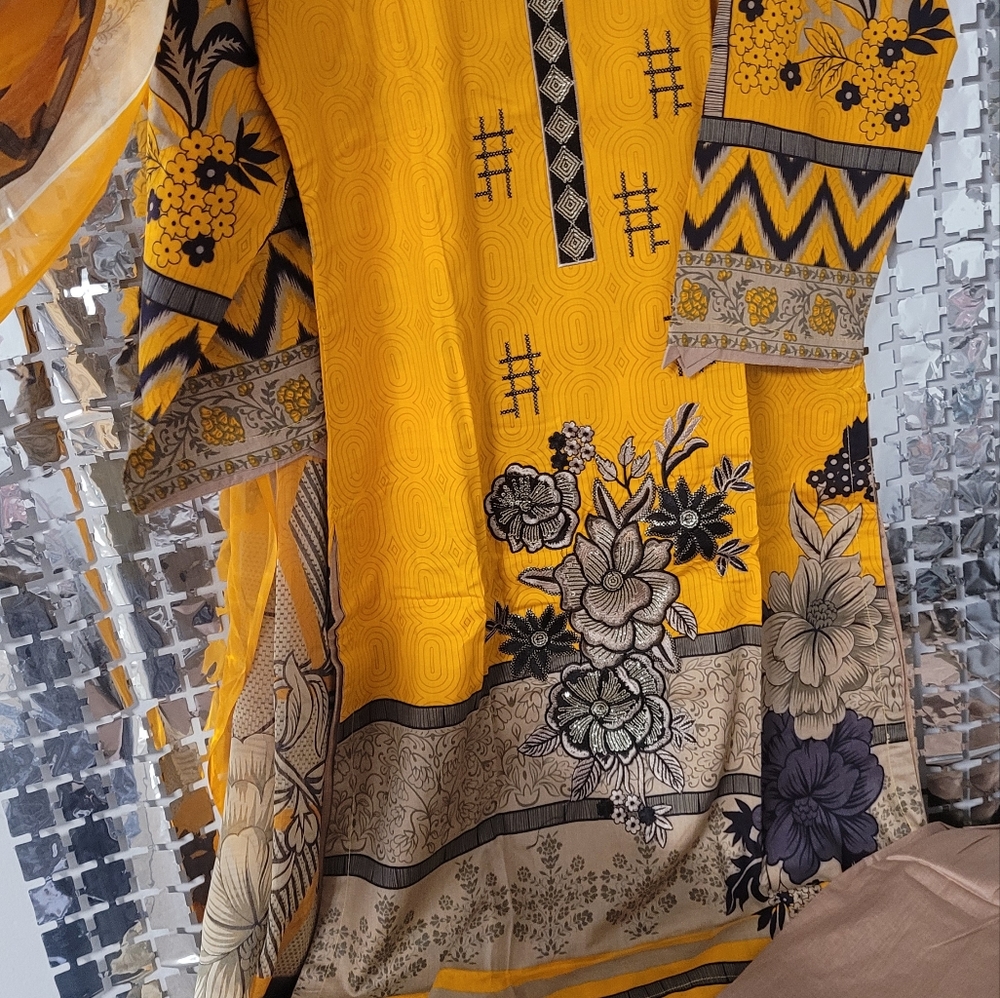 Embroidery 3 set with chiffon dupatta .